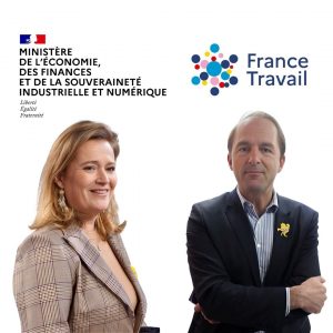 La Ministre Olivia Grégoire et le Directeur de France Travail, Thibault Guilly, mettent à l’honneur l’action du Réseau BGE dont BGE ADIL à leur côté.